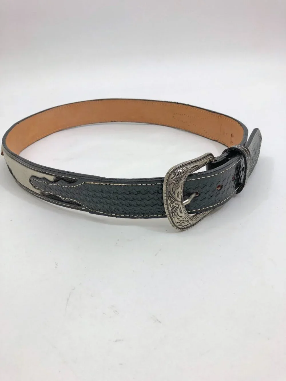 Western leather Belt Size 38 Black & Ivory Fur Silvertone Buckle & Longhorn